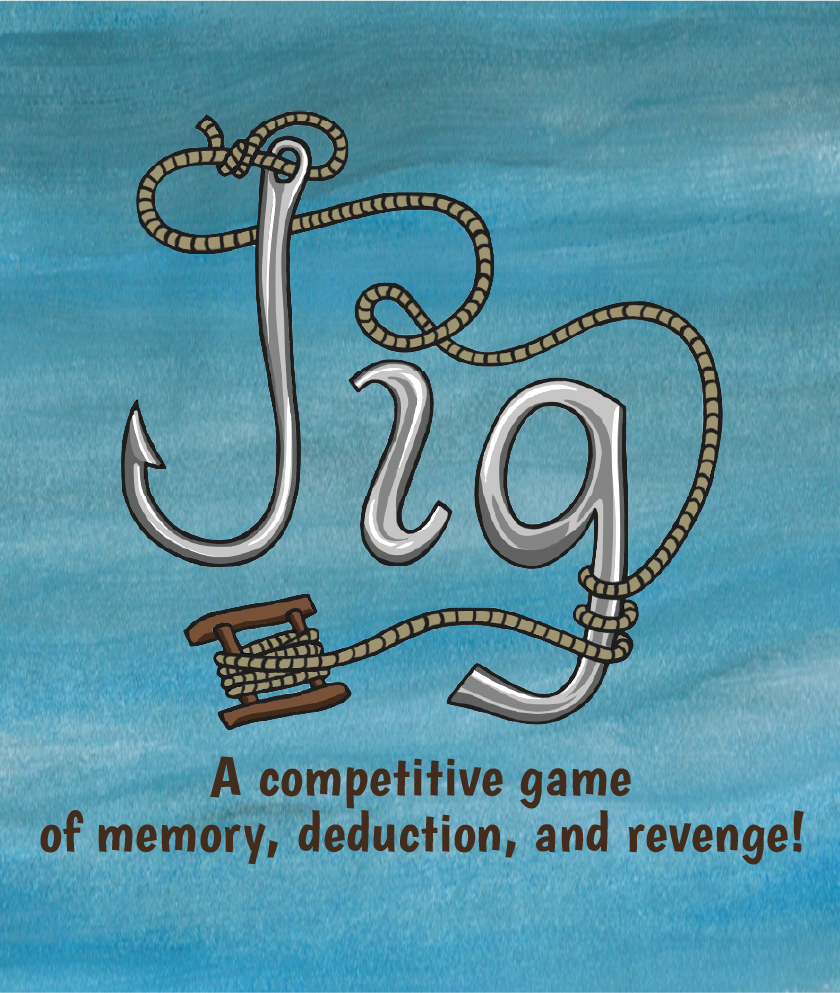 The word “Jig” is illustrated with a fish hook for the “J,” rope coming from the hook forming the dot of the “i” and looping around the word to a handline reel at the base of the “J”, on a foggy blue background.