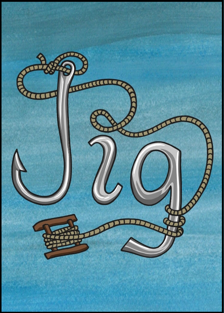 Illustration of a traditional Newfoundland jigger: a wooden handline reel wound with twine and a fishing hook.